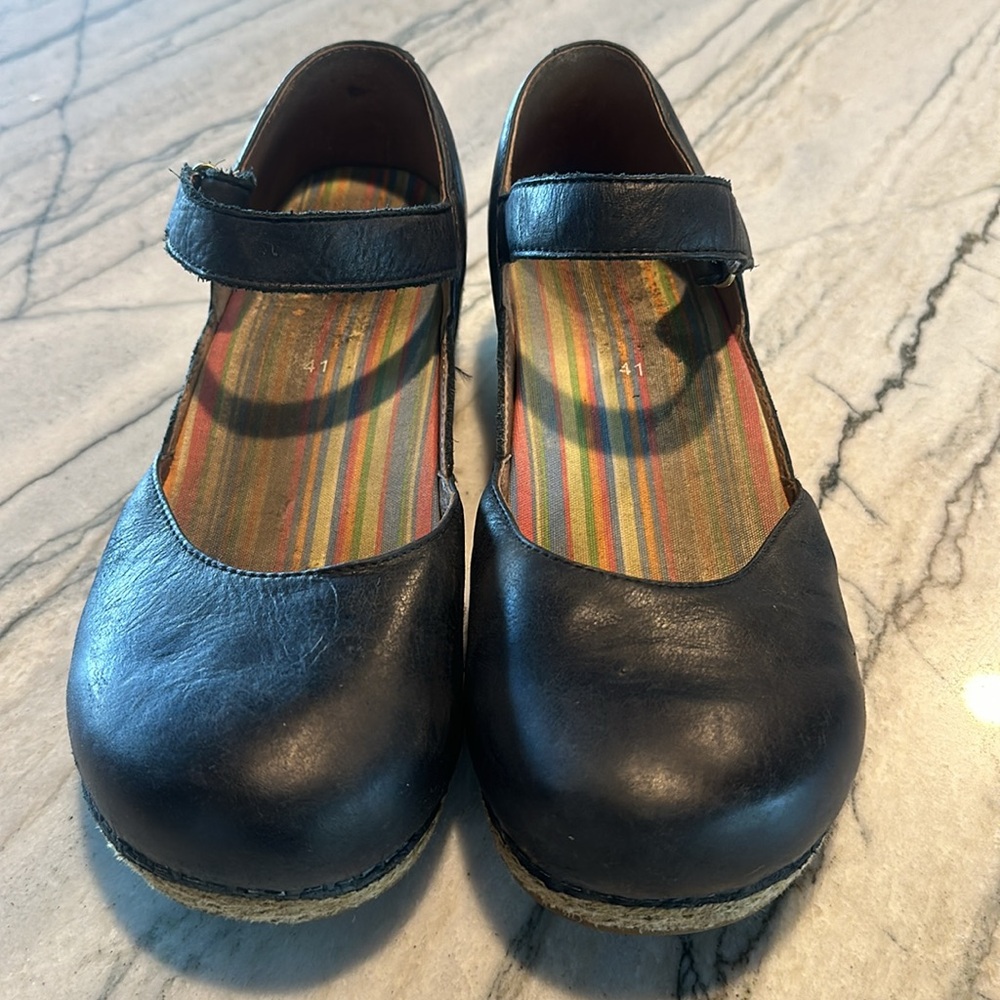 Dansko Black Leather Mary Jane Espadrille Wedges with Striped Insole - Picture 2 of 7